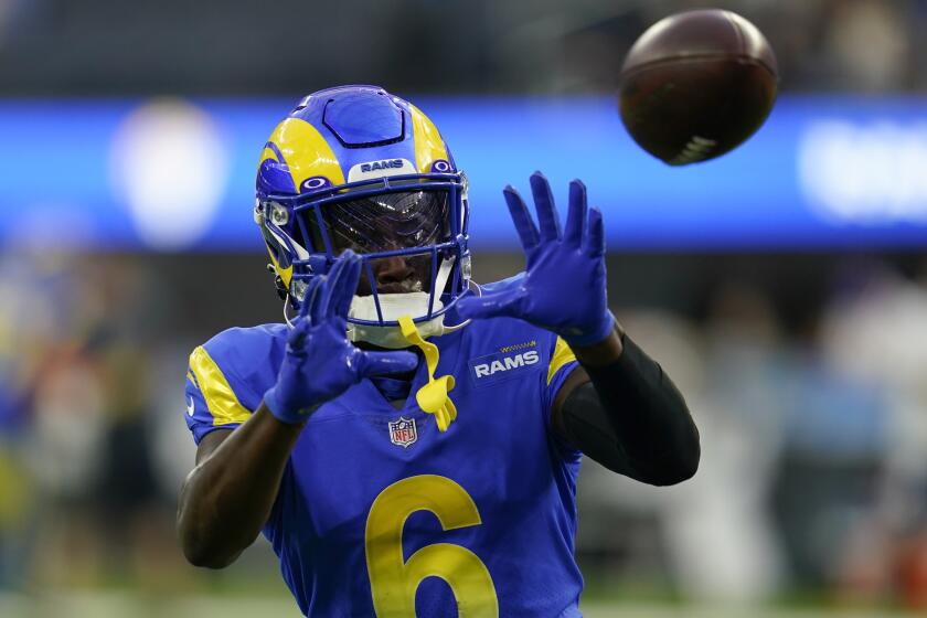 Los Angeles Rams cornerback Derion Kendrick (6) warms up before an NFL football game.