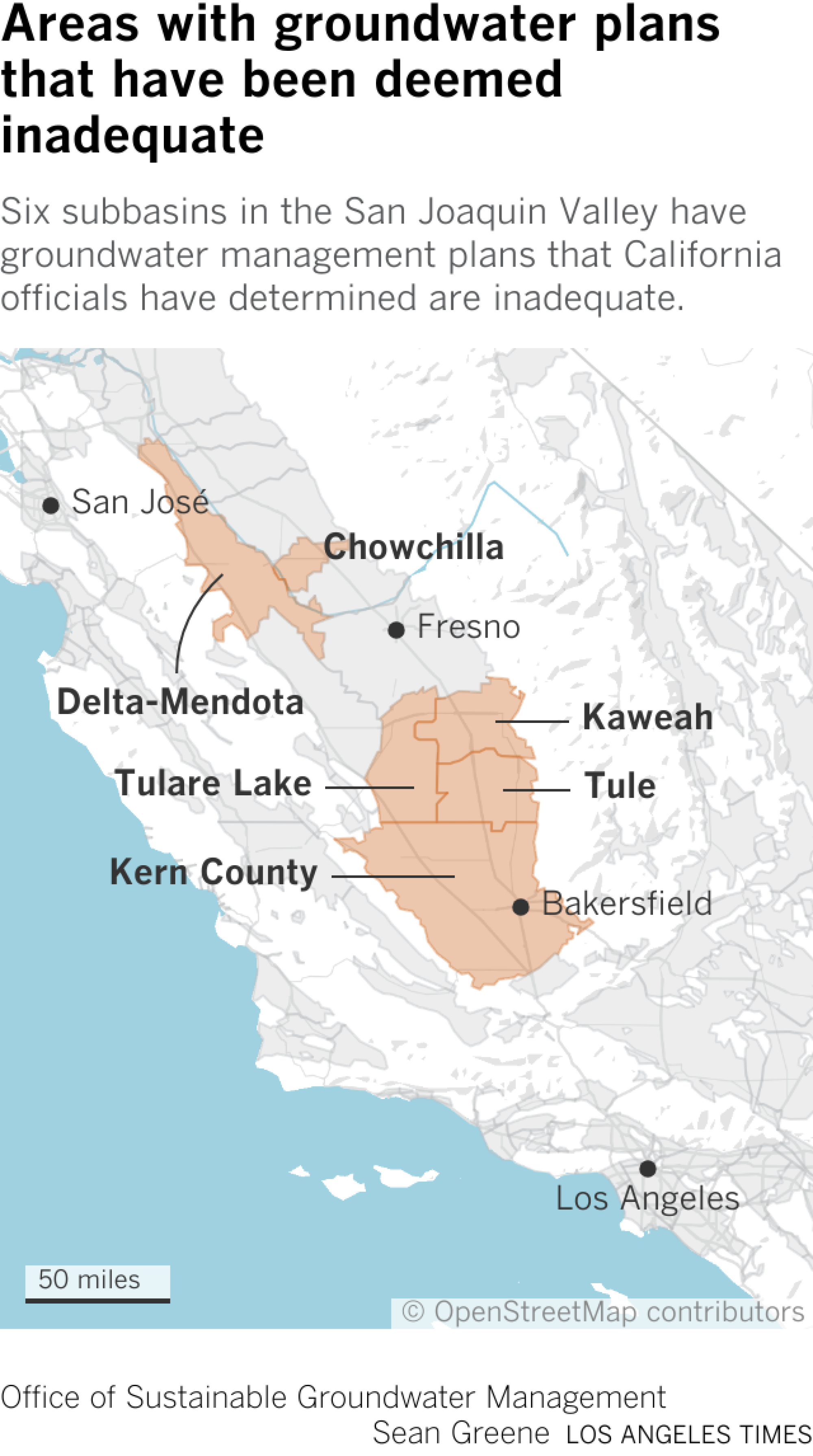 Map shows the locations of six groundwater subbasins in Central California.