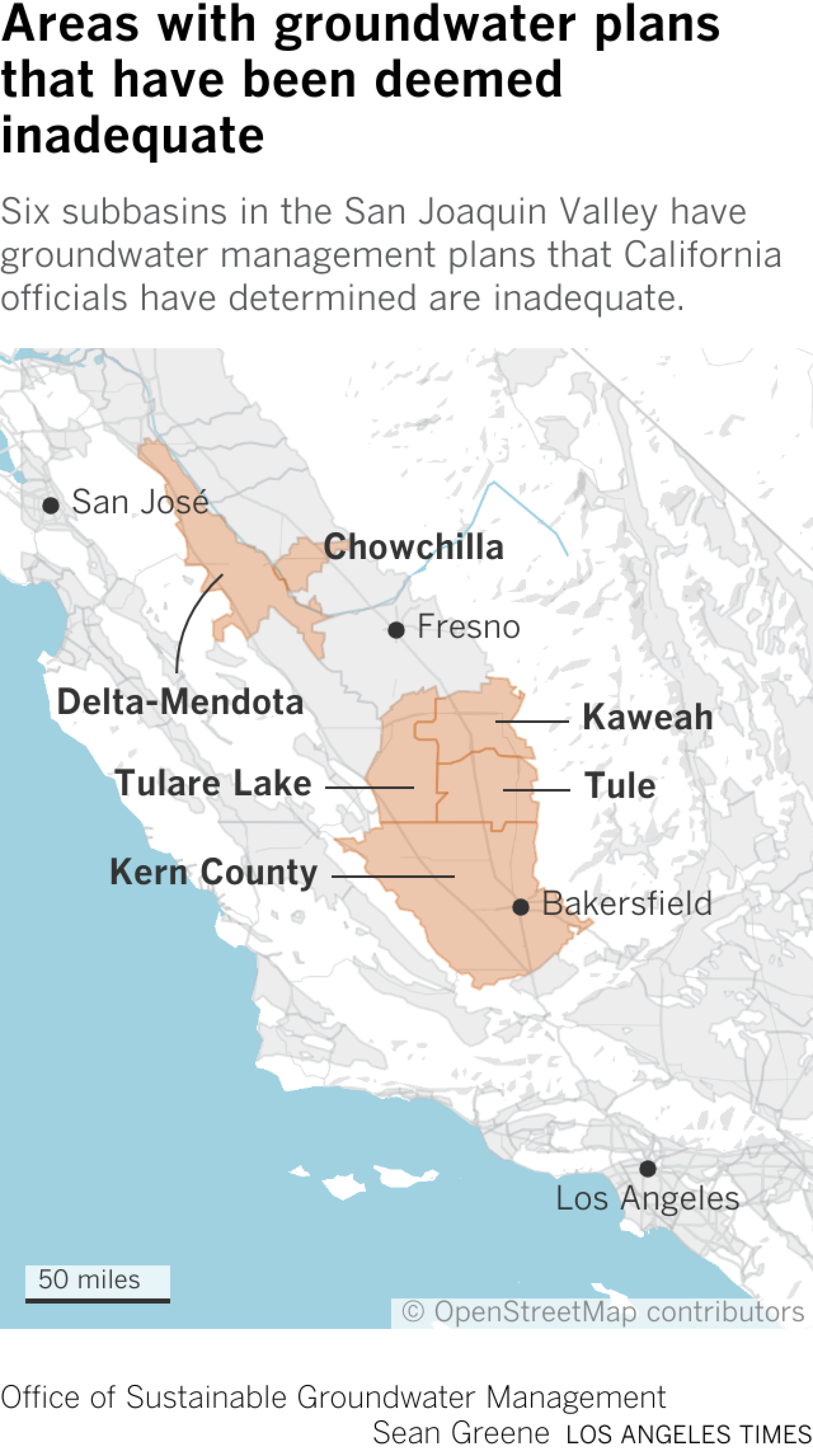 El mapa muestra la ubicación de seis subcuencas de aguas subterráneas en el centro de California.