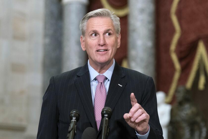 Speaker of the House Kevin McCarthy, R-Calif., speaks during a news conference in Statuary Hall at the Capitol in Washington, Thursday, Jan. 12, 2023. McCarthy rounded his first full week as House speaker in the most outwardly orderly way. There was hardly a hint of the chaotic, rebellious fight it took for the Republicans to arrive here, having barely installed him as the leader with the gavel. (AP Photo/Jose Luis Magana)