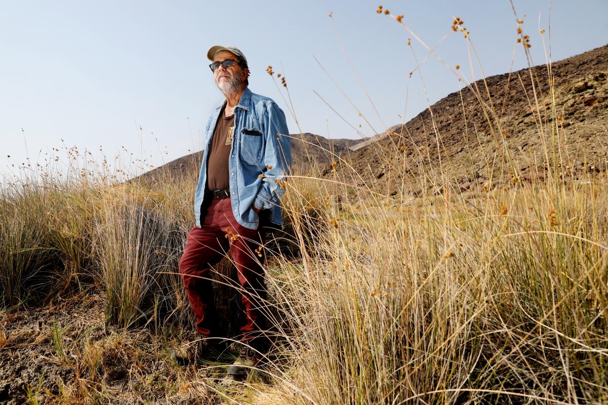 A man stands in brush in the desert