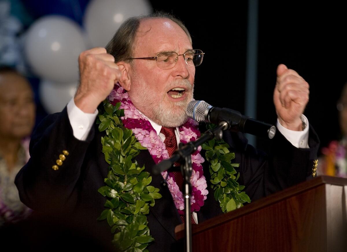 Hawaii Gov. Neil Abercrombie, shown addressing his supporters on election night 2010, disputes the oft-told story that he spurned the death-bed wishes of the late U.S. Sen. Daniel Inouye by appointing his lieutenant governor as Inouye's replacement.
