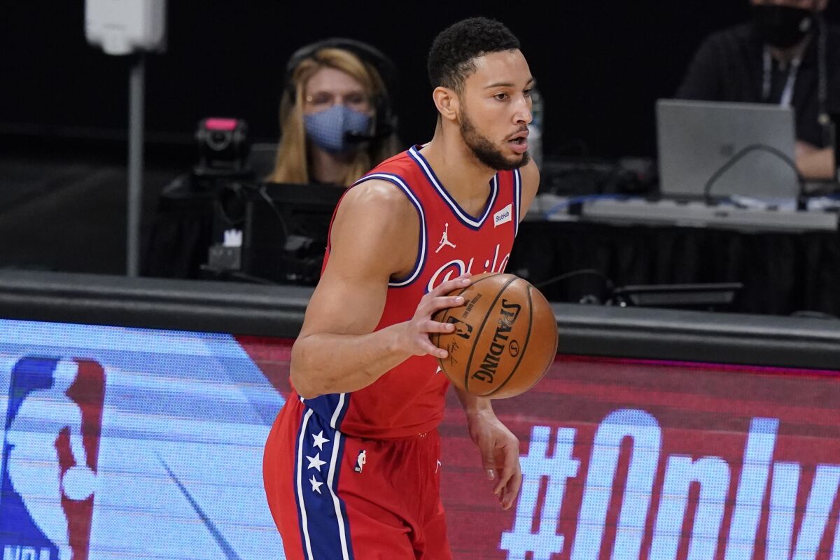 76ers guard Ben Simmons brings the ball up the court during a recent game.