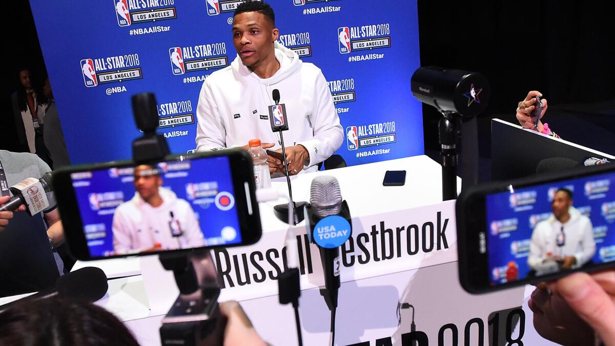 Russell Westbrook listens to a question during his All-Star media session on Saturday.