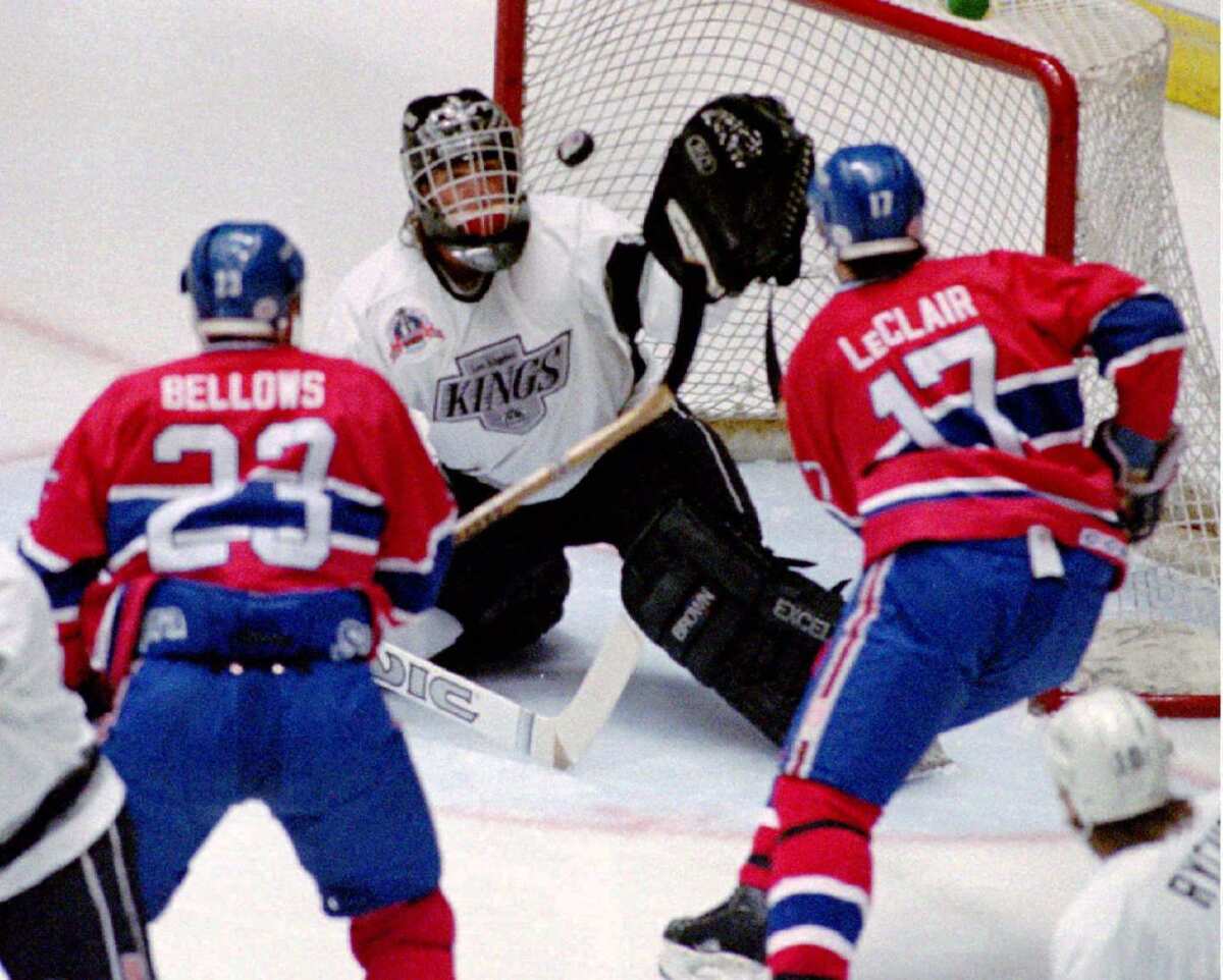 Kings goaltender Kelly Hrudey makes a save during Game 4 of the 1993 Stanley Cup Finals against the Montreal Canadiens.