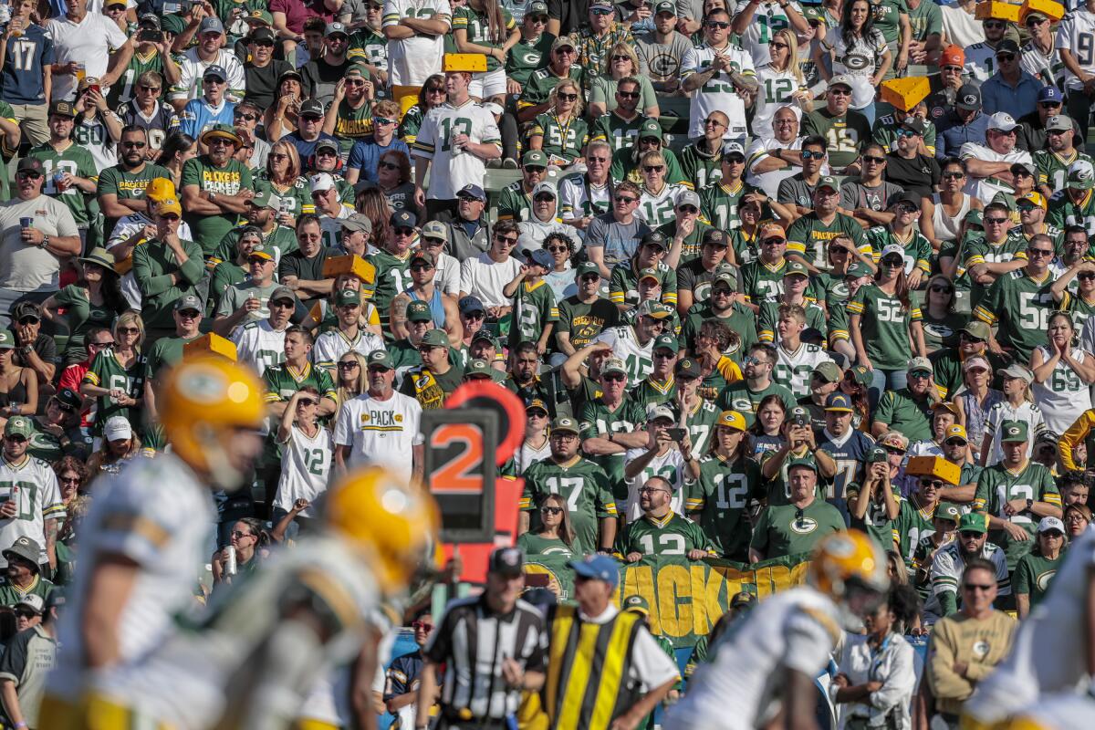 It's difficult to spot Chargers fans in the stands because of the amount of Green Bay Packers followers in L.A. for Week 9 of the NFL season.