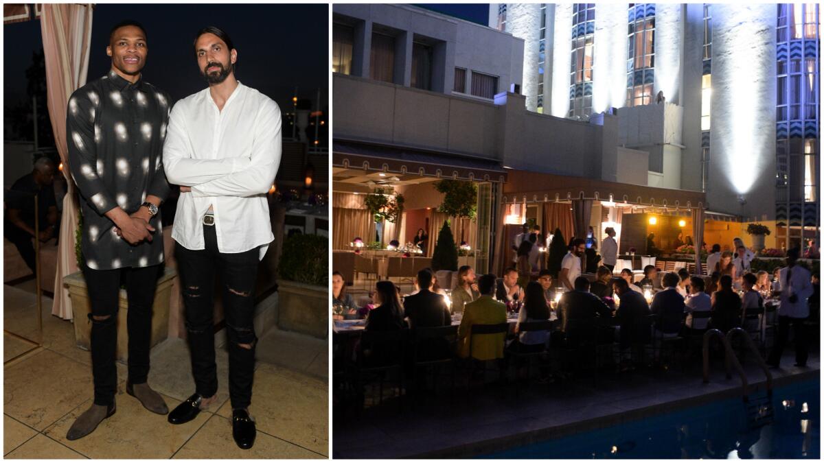 Oklahoma City Thunder point guard and Long beach native Russell Westbrook, far left, with Byredo Parfums founder Ben Gorham at the July 22, dinner celebrating the release of a collaborative scent. At right, the scene at the poolside dinner at the Sunset Tower Hotel.