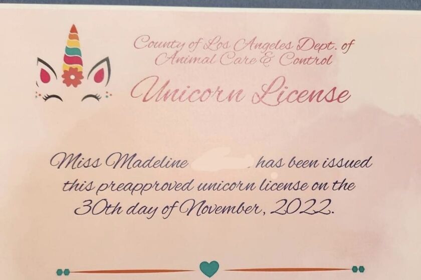 L.A. County Animal Care created a unicorn license after the young girl requested permission to have one in her backyard.