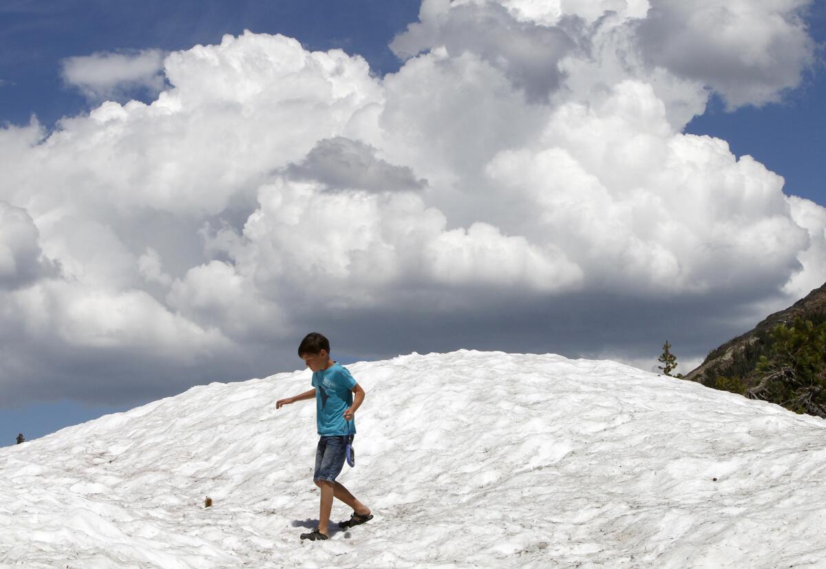 Snowbanks still line the road in early July near Tioga Lake.
