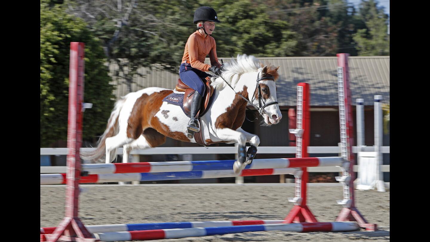 Morgan Taylor, 12, of Costa Mesa rides her pony Waffles over an obstacle during a Newport Mesa Pony Club class at the Orange County Fairgrounds Equestrian Center in Costa Mesa on Monday. Residents involved with the equestrian center are rallying around the facility after a recent draft master site plan for the fairgrounds property showed it could be demolished and repurposed.