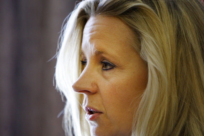 Liz Cheney, daughter of former Vice President Dick Cheney, talks to the press in Casper, Wyo.