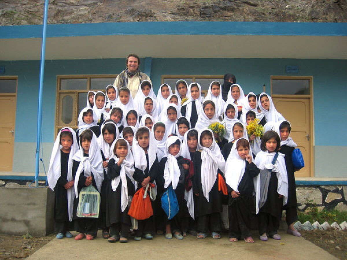 Greg Mortenson in 2005 at the Lalander village school in Afghanistan.