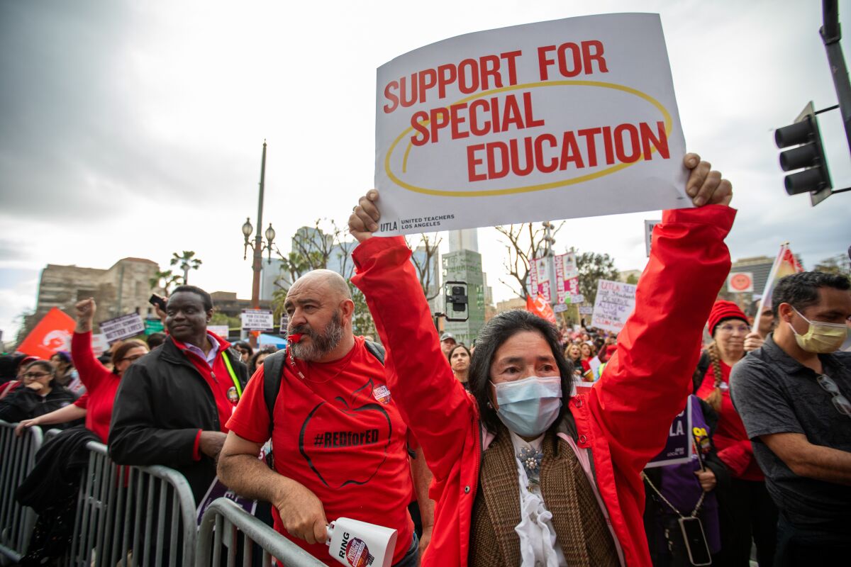 UTLA and SEIU 99 members held a joint rally at Grand Park on March 15, announcing a three day strike.