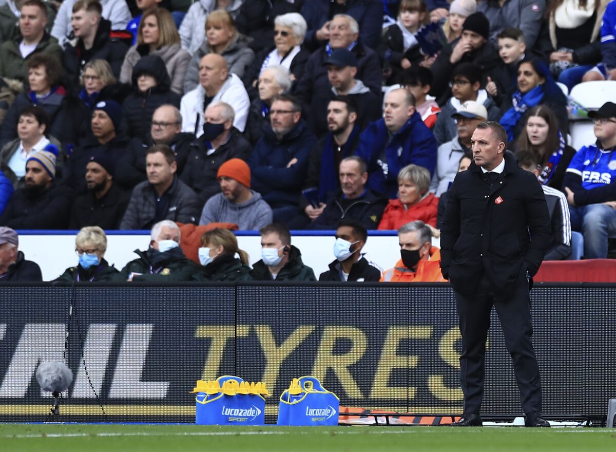 Leicester's manager Brendan Rodgers looks out during the English Premier League soccer match between Leicester City and Chelsea at the King Power Stadium, in Leicester, England, Saturday, Nov. 20, 2021. (AP Photo/Leila Coker)