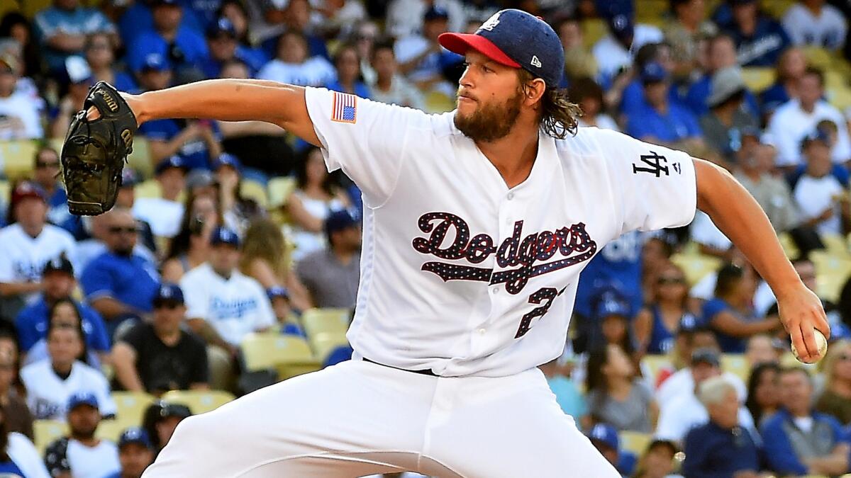 Dodgers pitcher Clayton Kershaw pitches in the first inning against the Arizona Diamondbacks at Dodger Stadium on July 4.