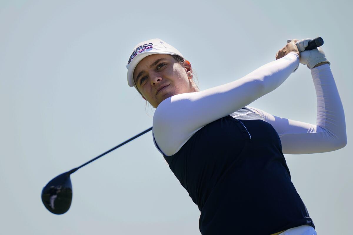 Stephanie Kyriacou, of Australia, tees off on the 13th hole during the first round of the ShopRite LPGA Classic golf tournament, Friday, June 10, 2022, in Galloway, N.J. (AP Photo/Matt Rourke)