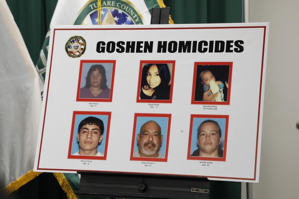 A poster displaying images of the six homicide victims