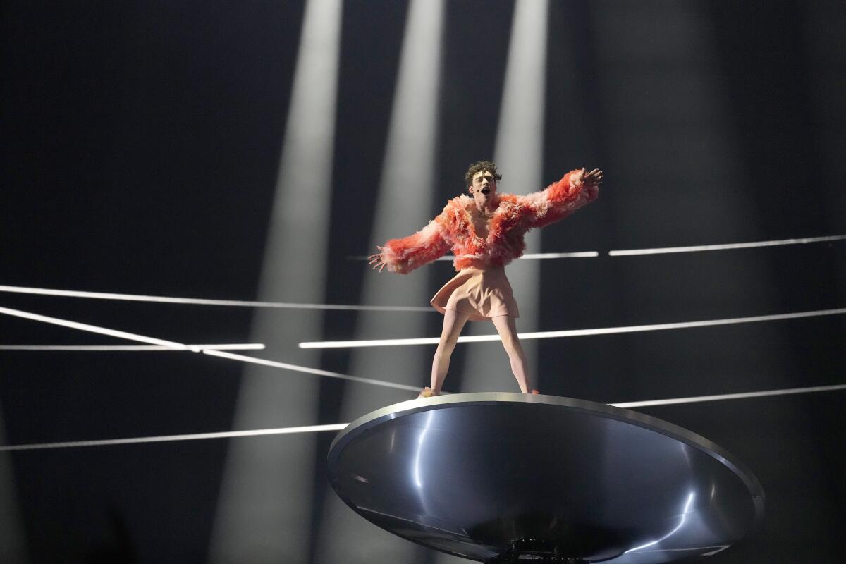 Nemo of Switzerland performs on a tilting stage during the Grand Final of the Eurovision Song Contest in Malmo, Sweden.