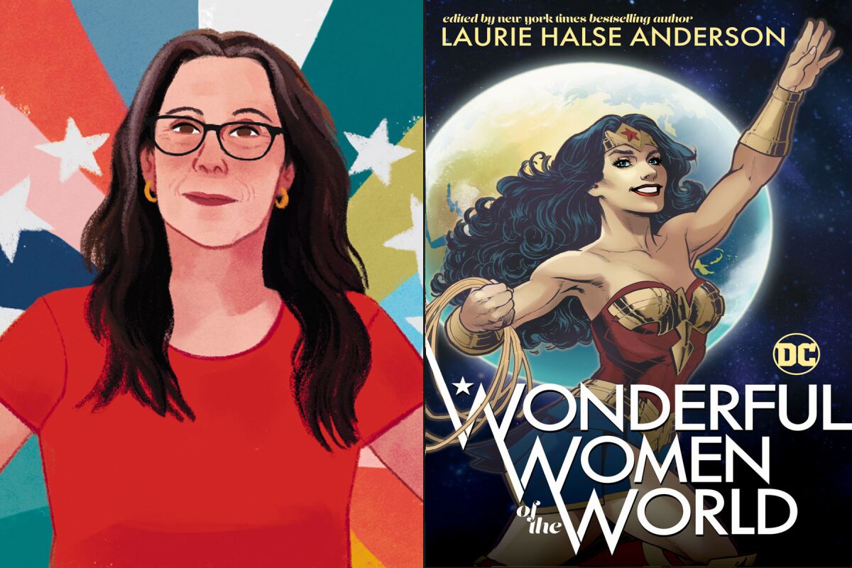 Portrait of Laurie Halse Anderson by artist Carina Guevara and "Wonderful Women of the World."
