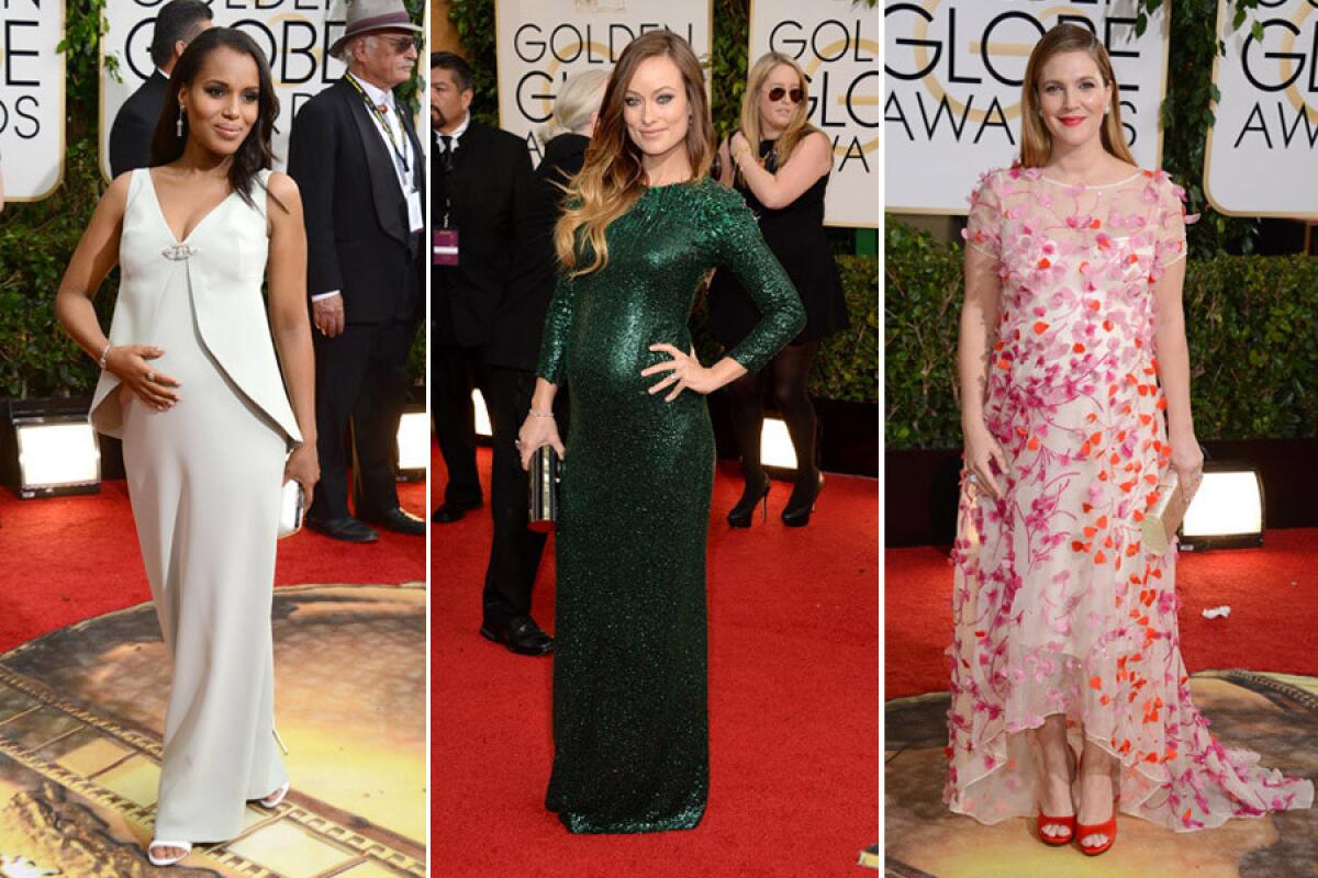 Actresses Kerry Washington, left, Olivia Wilde and Drew Barrymore are all pregnant and walking the red carpet, sporting some stylish dresses.