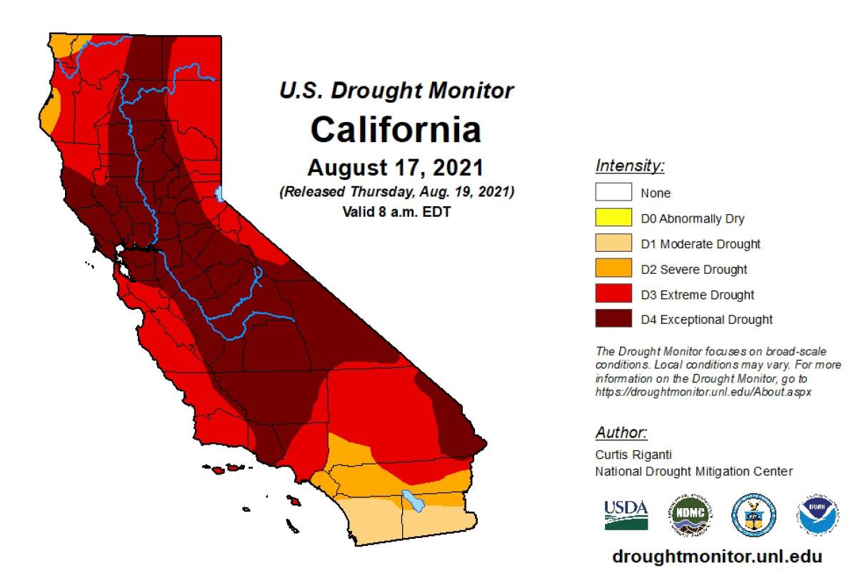 A map of California, showcasing the areas affected by drought conditions as of Aug. 17.