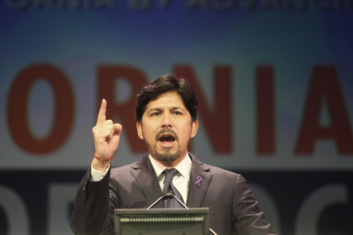 State Sen. Kevin de Leon (D-Los Angeles) speaks to the California Democratic State Party Convention in Los Angeles on March 9.