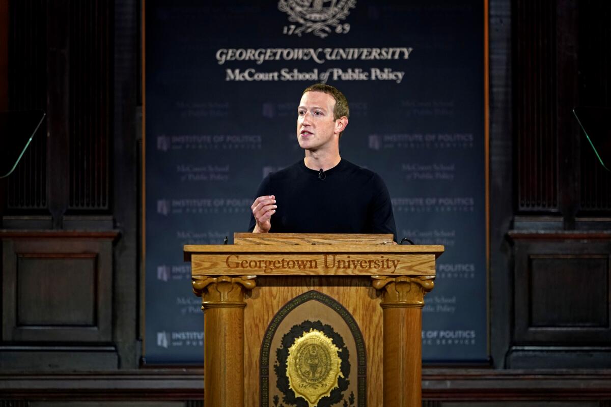 Facebook CEO Mark Zuckerberg giving a speech on free expression at Georgetown University in 2019. 