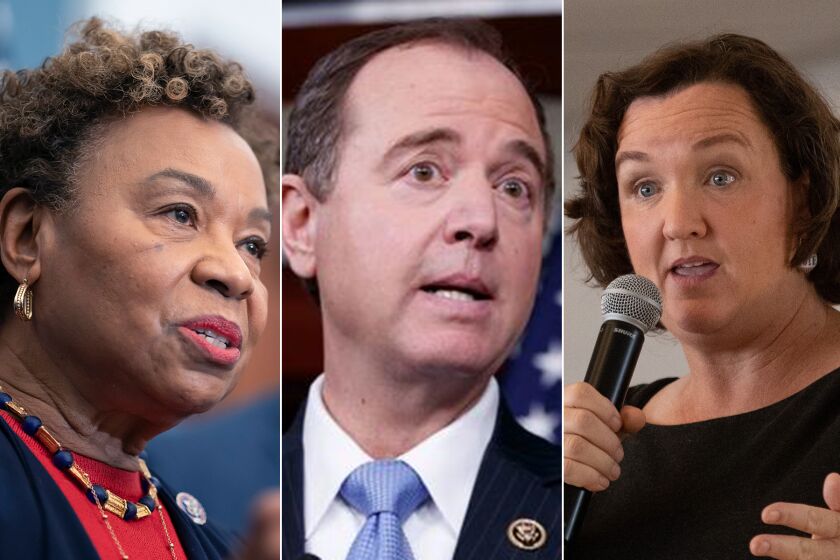 A triptych of Barbara Lee, left, Adam B. Schiff, center, and Katie Porter, right.