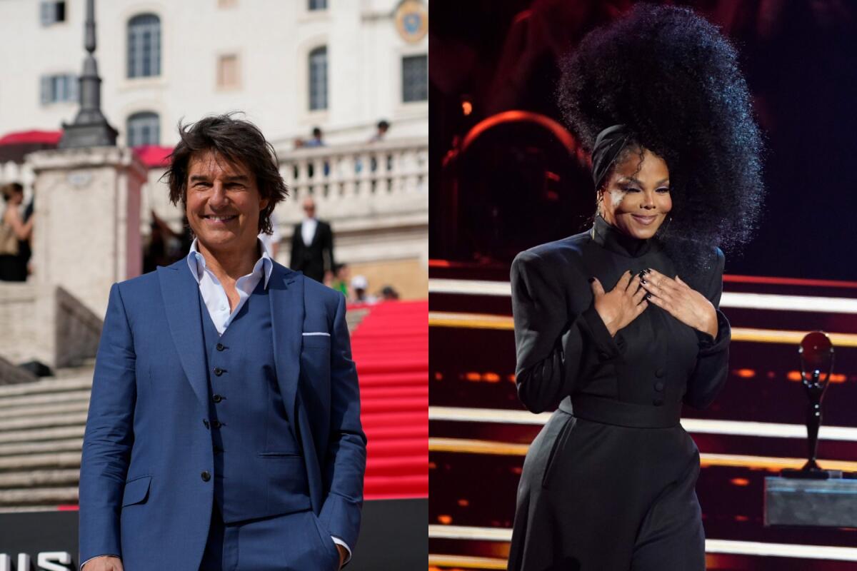 A split image: Tom Cruise wears a blue blazer and pants with a white  shirt; Janet Jackson wears an all-black jumpsuit