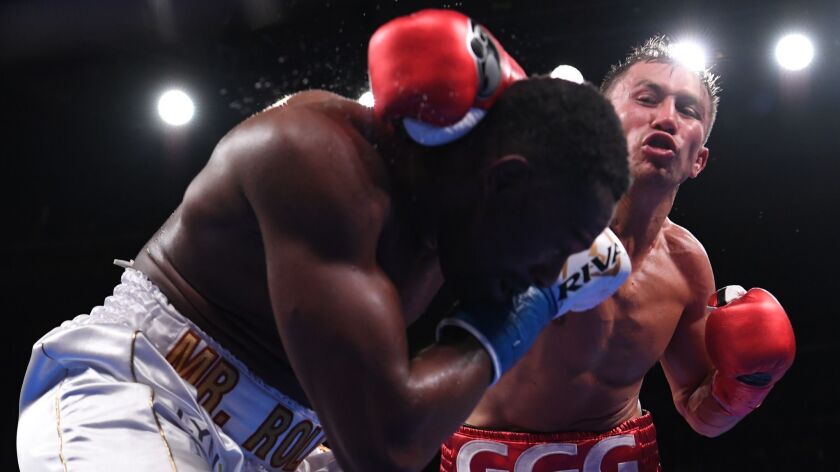 Gennady Golovkin punches Steve Rolls during their super middleweight title fight at Madison Square Garden in New York on June 8. Golovkin retained his title by knockout.
