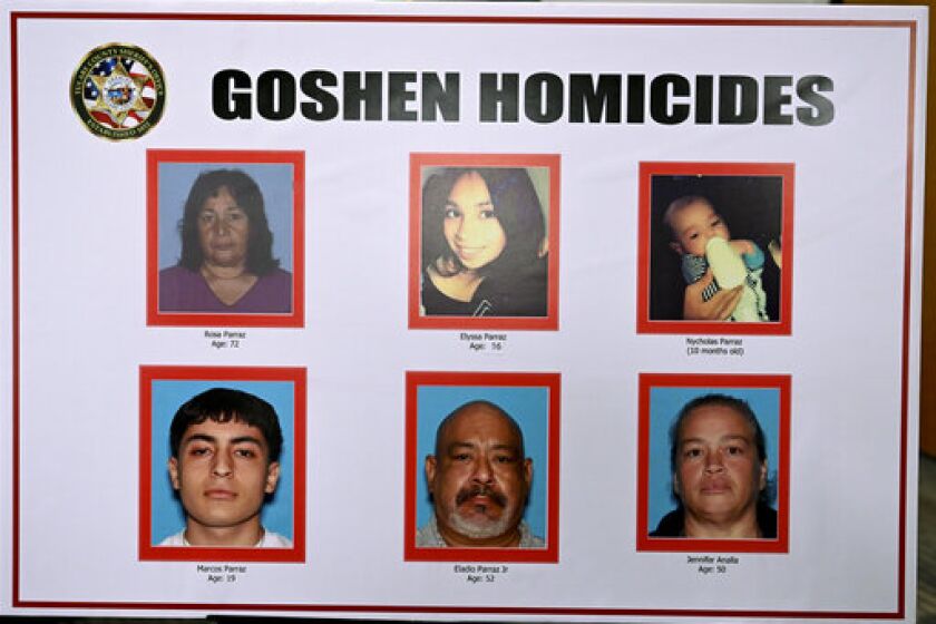 The victims of a shooting in Goshen, Calif., are displayed during a news conference, Tuesday, Jan. 17, 2023, in Visalia, Calif. (Ron Holman/The Times-Delta via AP)