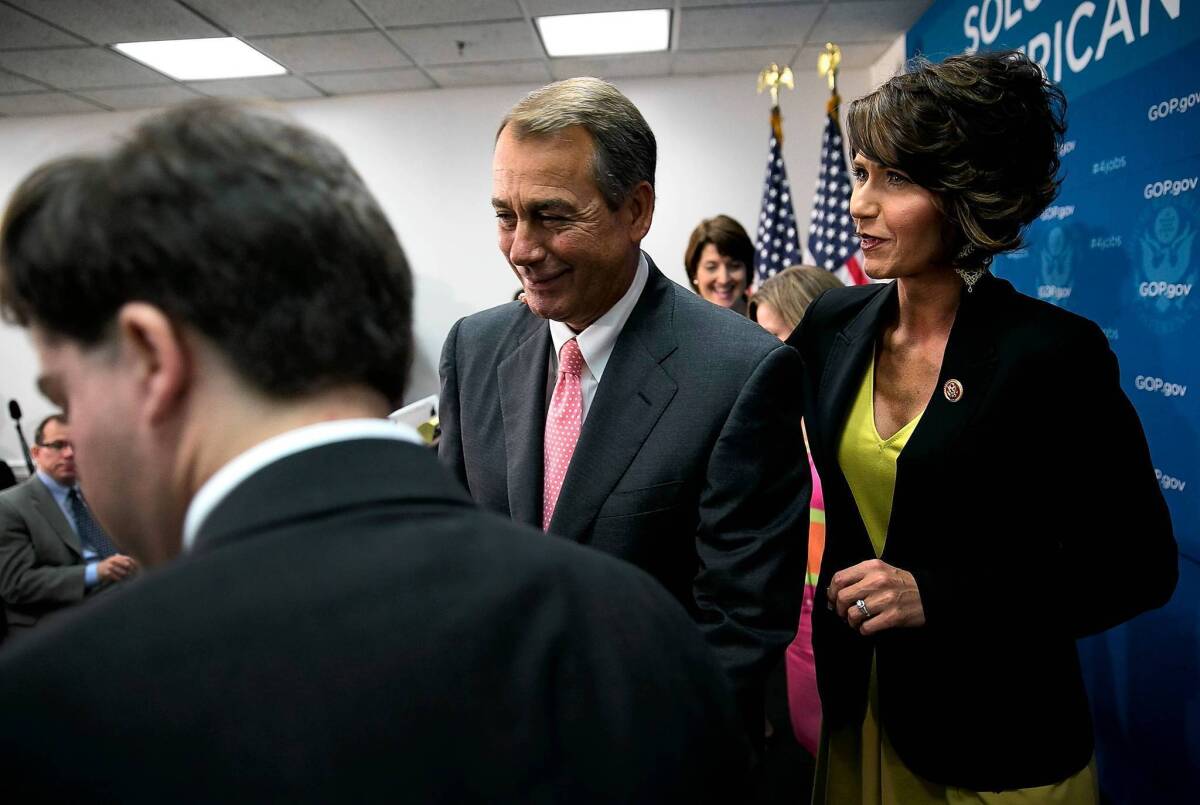 House Speaker John A. Boehner, shown last week with Rep. Kristi Noem (R-S.D.) after speaking with reporters, regularly insists that jobs and the economy are the "No. 1 concern" of his Republican majority.