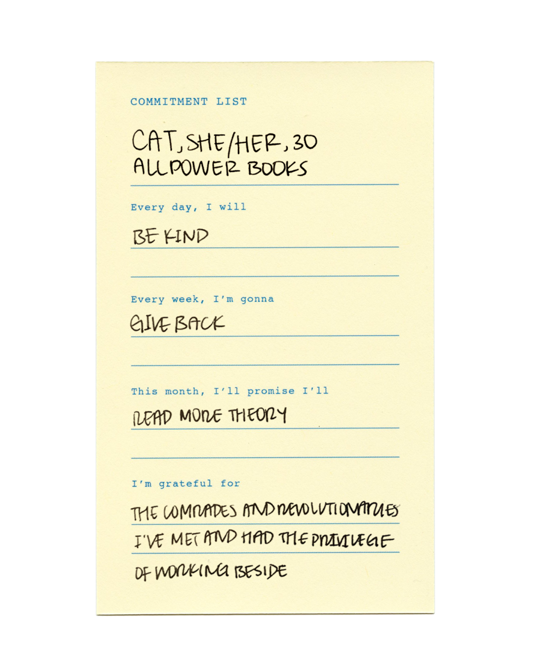 All Power Books Cat commitment list graphic for Image Magazine Issue 7