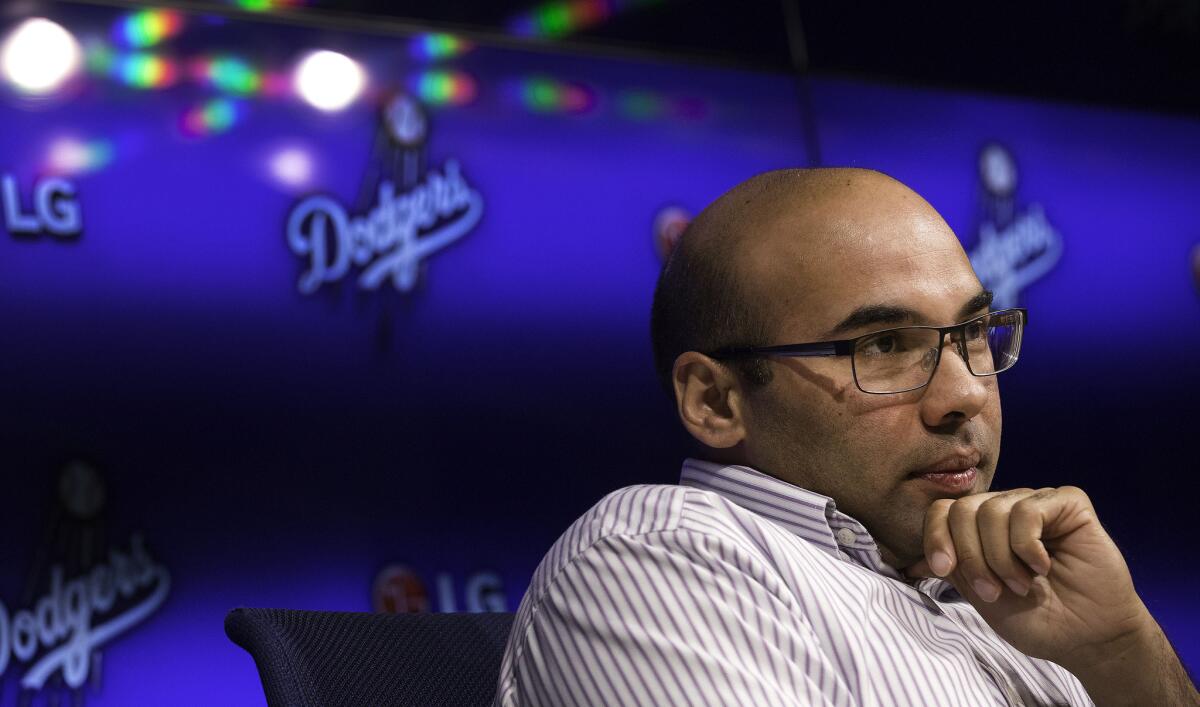 Dodgers General Manager Farhan Zaidi speaks at a news conference Oct. 22 announcing the team's mutual seperation from manager Don Mattingly.