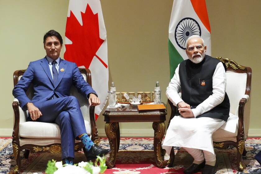Prime Minister Justin Trudeau takes part in a bilateral meeting with Indian Prime Minister Narendra Modi during the G20 Summit in New Delhi, India on Sunday, Sept. 10, 2023. Prime Minister Justin Trudeau said that Canada wasn't looking to escalate tensions, but asked India on Tuesday, Sept. 19, to take the killing of a Sikh activist seriously after India called accusations that the Indian government may have been involved absurd.(Sean Kilpatrick/The Canadian Press via AP)