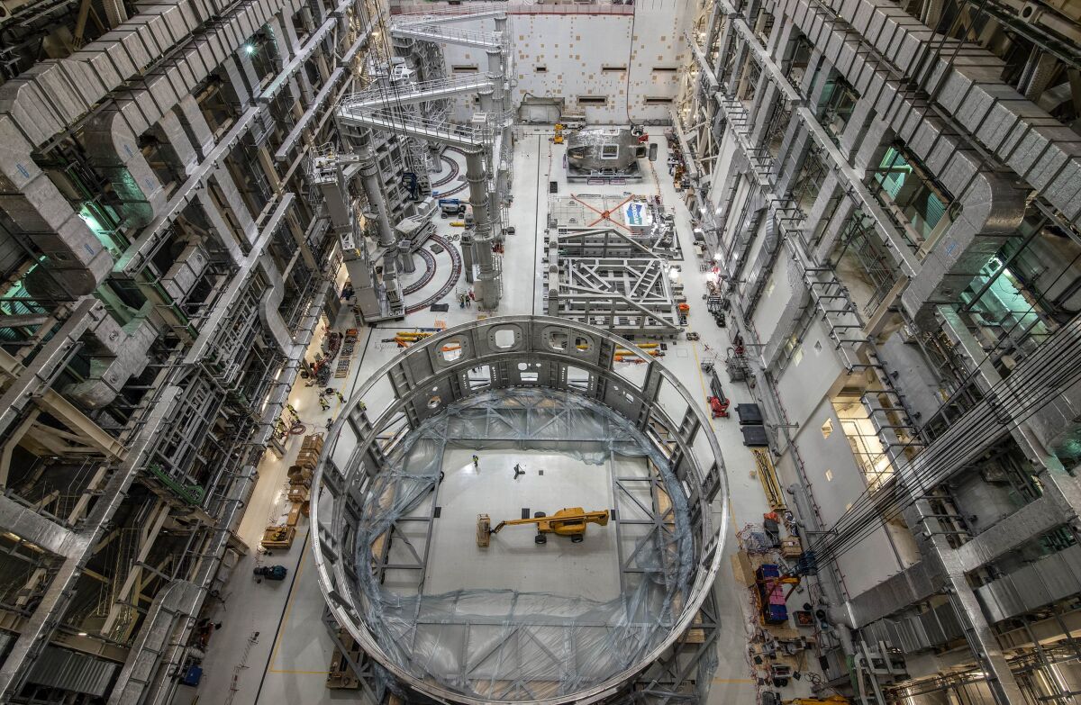 Construction within the Assembly Hall of the ITER nuclear fusion project in Cadarache, France, in August 2020.
