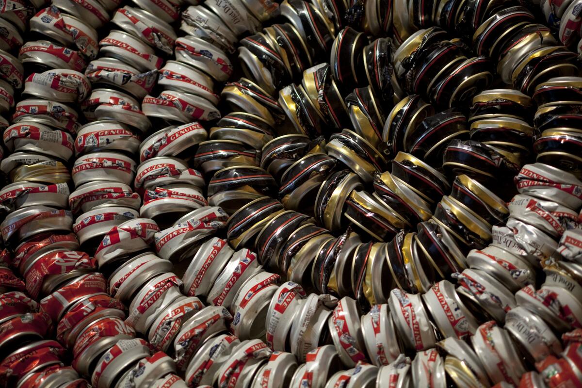 A detail of the "Continuum Basket," by Cahuilla artist Gerald Clarke Jr., made of aluminum cans, at the "Junipero Serra and the Legacies of the California Missions" 2013 exhibit at the the Huntington Library, Art Collections and Botanical Gardens.