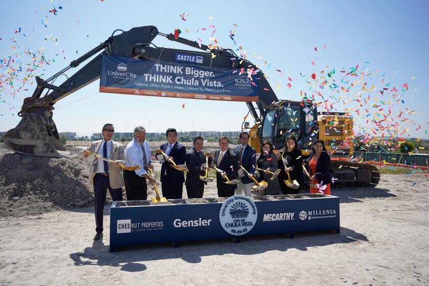 Chula Vista, California - September 25: A groundbreaking ceremony marks the start of construction on the first phase of UniverCity in Chula Vista. Officials pose for groundbreaking photo at Otay Ranch on Monday, Sept. 25, 2023 in Chula Vista, California. (Alejandro Tamayo / The San Diego Union-Tribune)