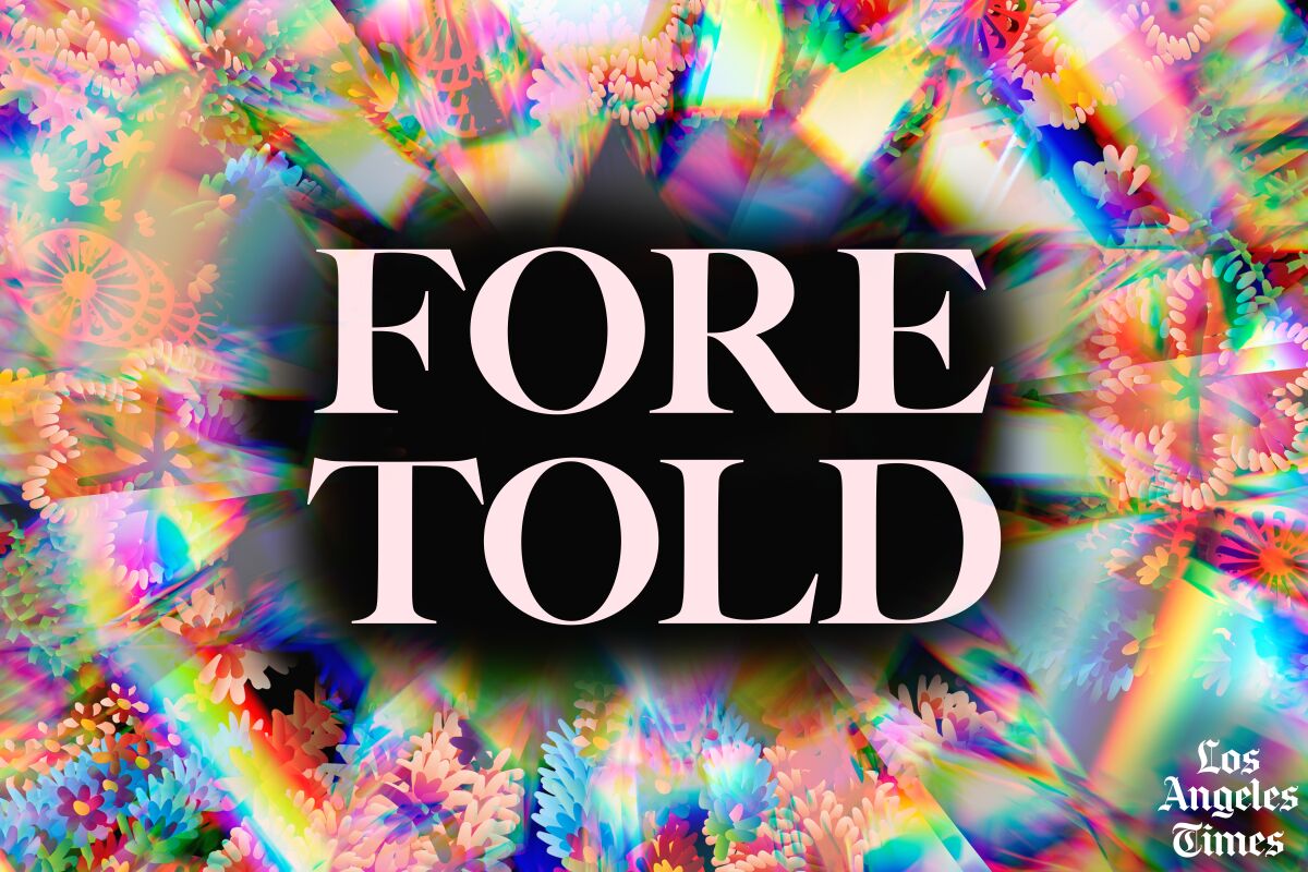 The Foretold logo surrounded by rainbow light that shines on a backdrop of flowers and Romani wheels.