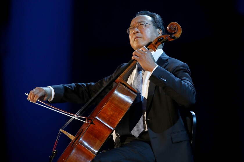 Yo-Yo Ma commands the vast Hollywood Bowl stage by himself playing Bach's cello suites in 2017. 