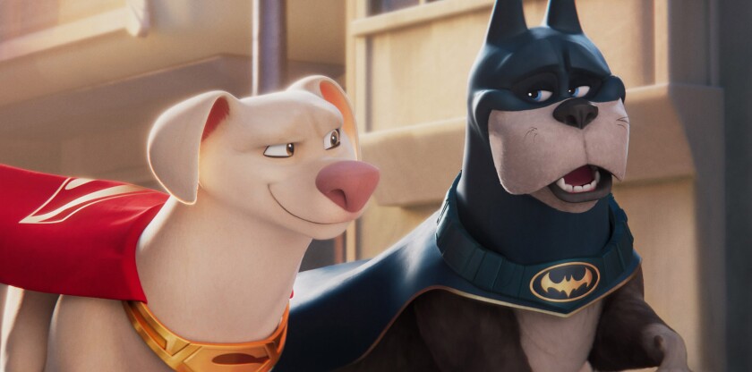 Two dogs dressed as super heroes in the animated movie 'DC League of Super-Pets."