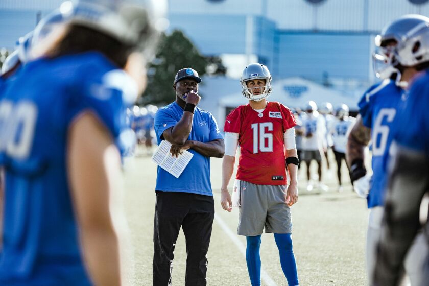 Detroit Lions Offensive Coordinator Anthony Lynn Detroit Lions quarterback Jared Goff (16) during Lions Training Camp at the Training Facility in Allen Park, MI on August 2nd, 2021. (Jeff Nguyen/Detroit Lions)