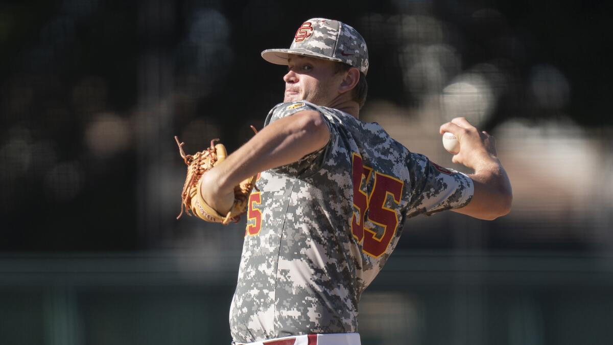 USC pitcher Chandler Champlain delivers a pitch against Loyola Marymount.