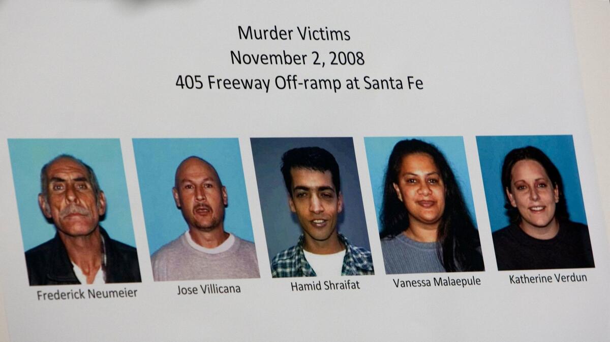 Shown are the five people killed at a Long Beach homeless encampment in 2008.