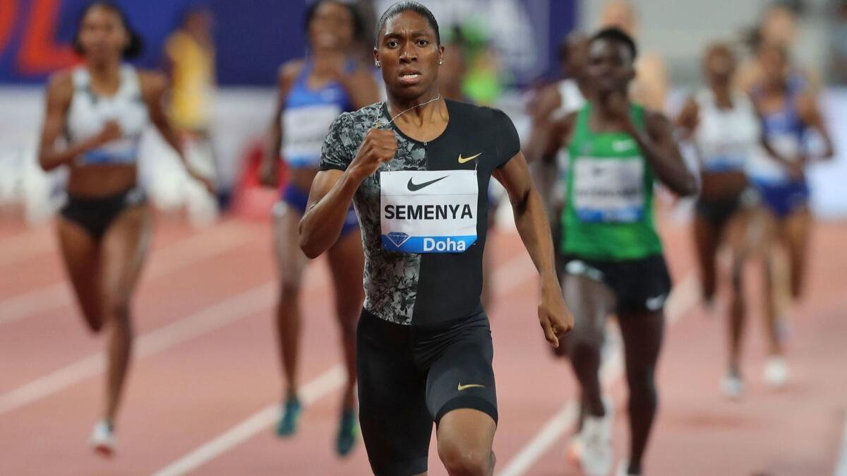 South Africa's Caster Semenya wins the women's 800 meters at a Diamond League meet May 3 in Doha, Qatar.