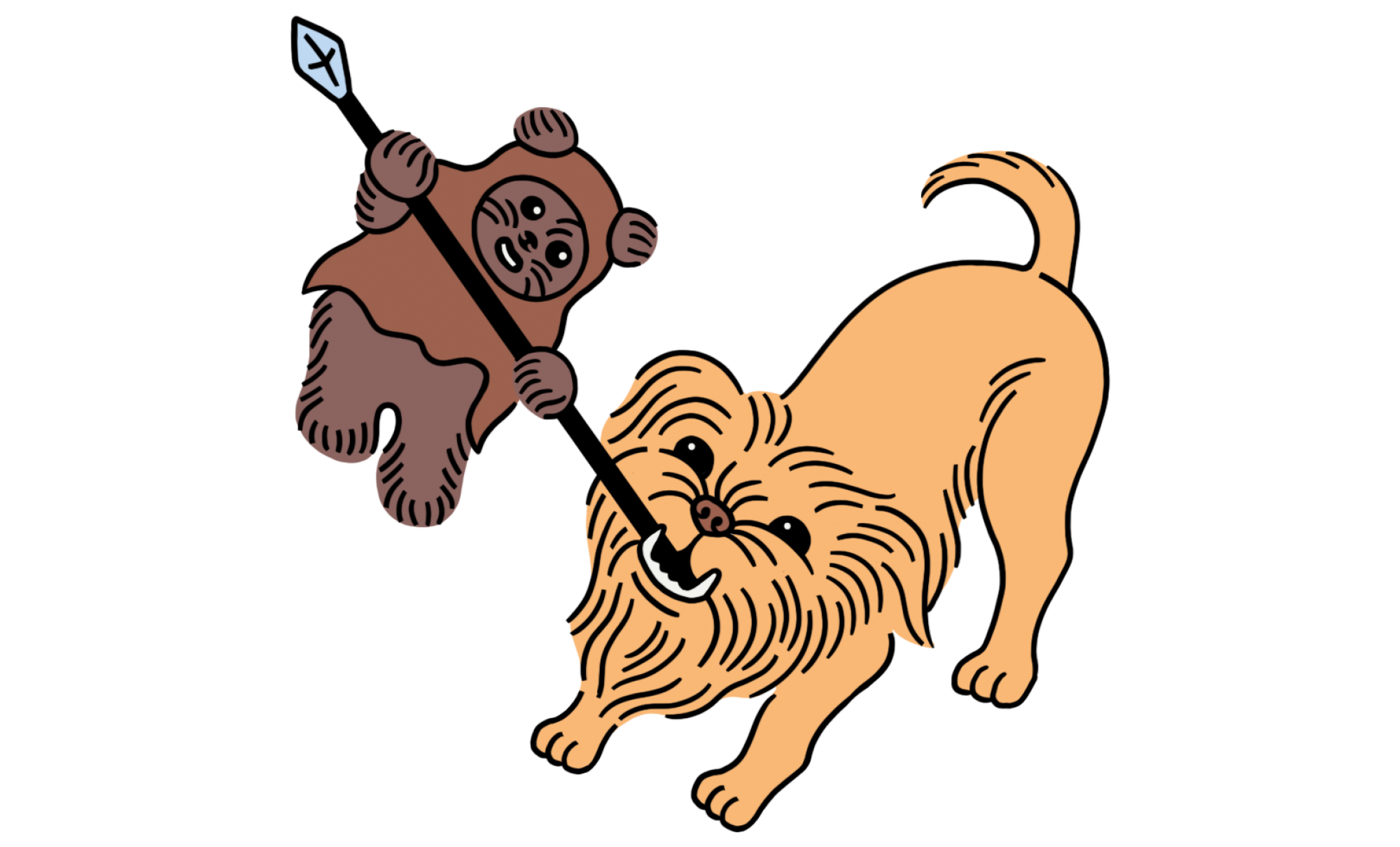 illustration of a dog holding a spear in its mouth with an ewok holding on to the other end