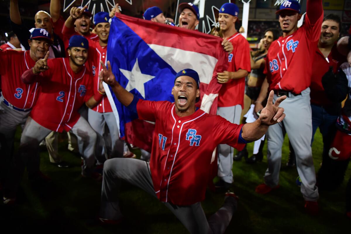 TOPSHOT - Players of Criollos de Caguas from Puerto Rico, celebrate their victory against Aguilas de Mexicali from Mexico during the final of Caribbean Baseball Series, at the Tomateros stadium, in Culiacan, Sinaloa State, Mexico, on February 7, 2017. / AFP PHOTO / RONALDO SCHEMIDTRONALDO SCHEMIDT/AFP/Getty Images ** OUTS - ELSENT, FPG, CM - OUTS * NM, PH, VA if sourced by CT, LA or MoD **