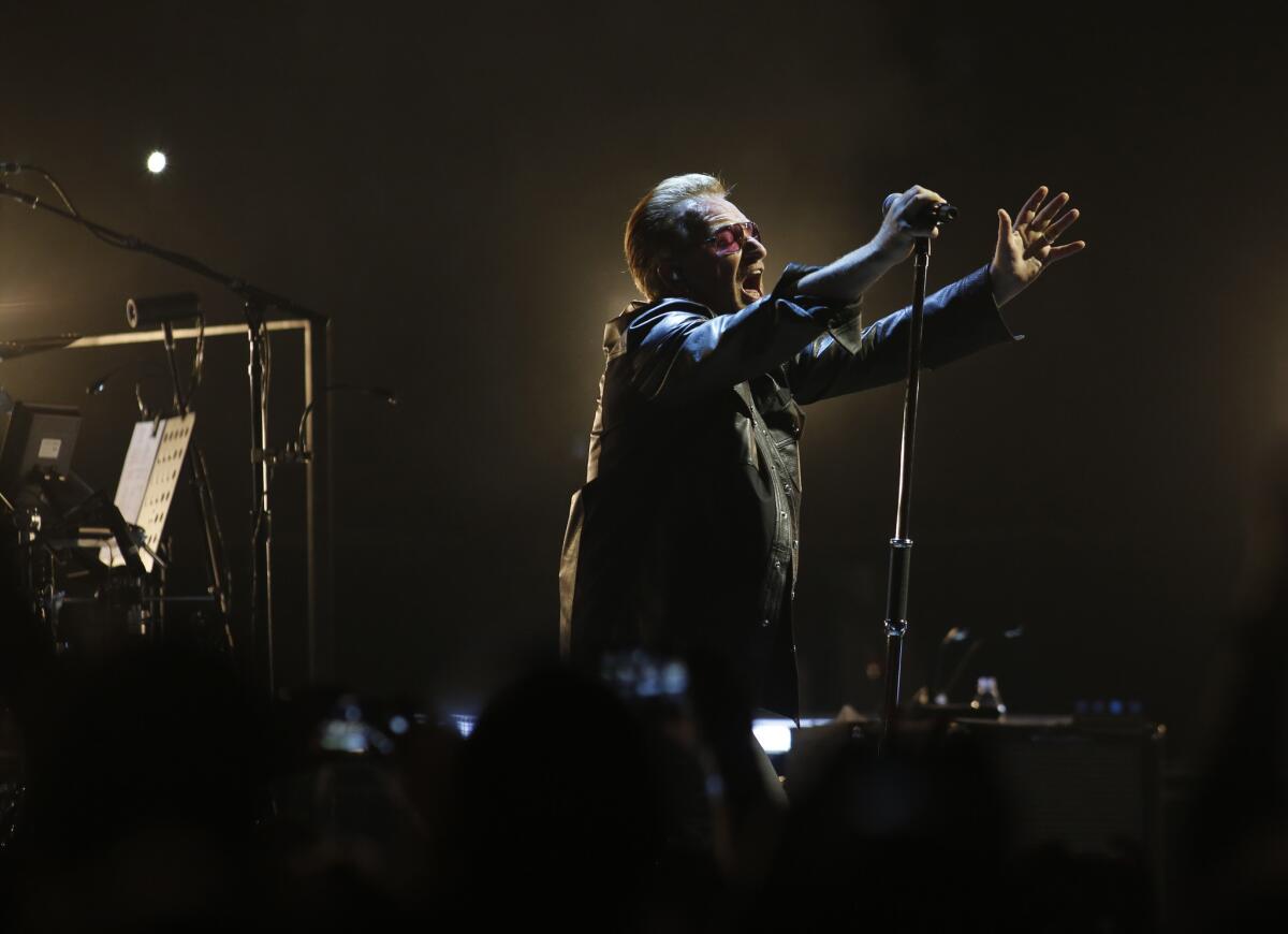 U2 performed the first of a series of show at the Forum on Tuesday evening. Lead singer Bono sings "(The Miracle Of) Joey Ramone" to open the show.