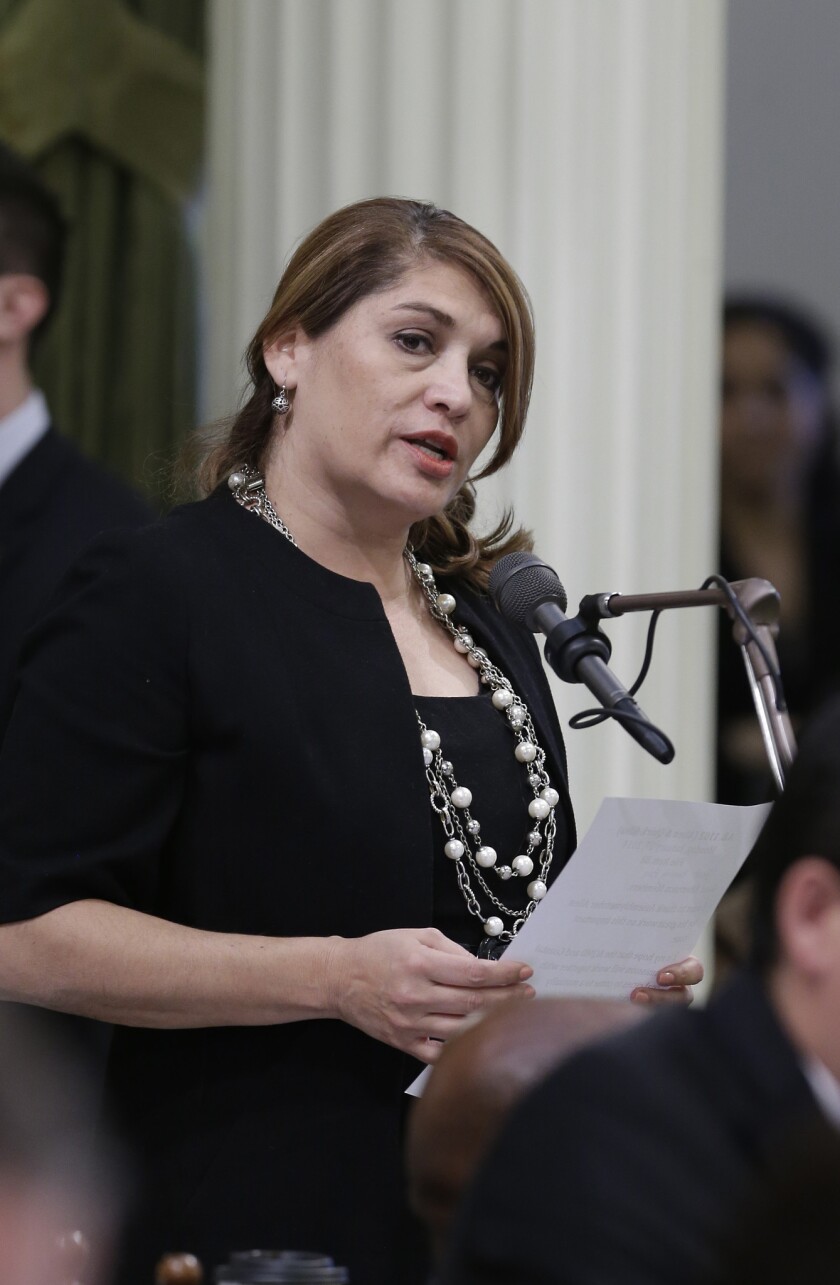 Assemblywoman Sharon Quirk-Silva (D-Fullerton) speaks on the chamber floor this week. Quirk-Silva is facing a tough reelection bid in her Orange County district and was slightly outpaced in fundraising by Republican challenger Young Kim in the second half of 2013.