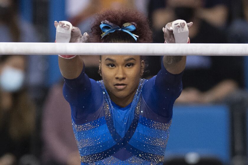 UCLA's Jordan Chiles on the uneven parallel bars during.